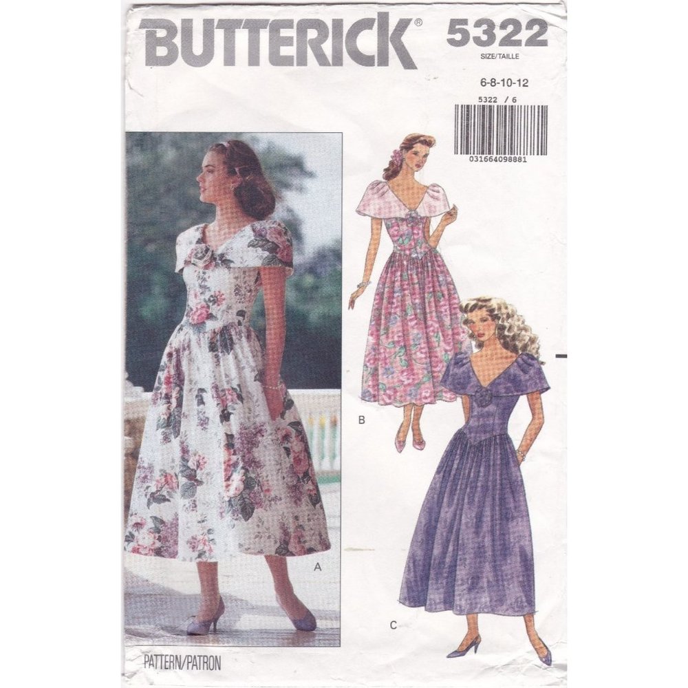 Vintage Sewing PATTERN Butterick 5322, Misses 1991 Average Dress, Size 6 8 10 12